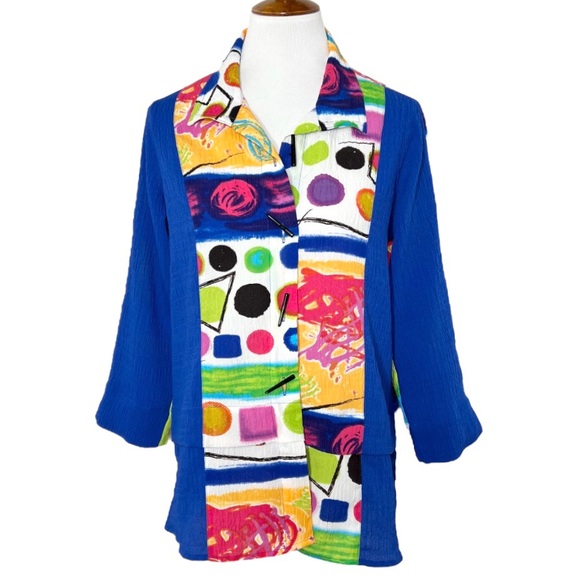 Ali Miles Artsy Multicolor Watercolor Printed 3/4 Sleeve Buttondown Shacket Top - Picture 4 of 8